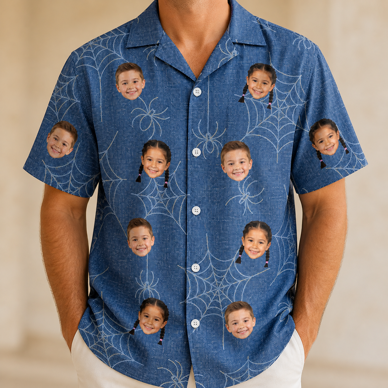 Model wearing Men's Silk Screams Custom Face Hawaiian Shirt printed with kids' faces