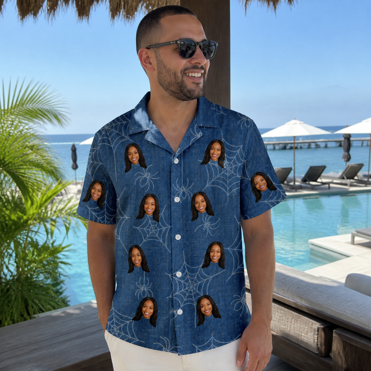 Real-life photo of someone wearing Men's Silk Screams Custom Face Hawaiian Shirt — custom faces printed all-over