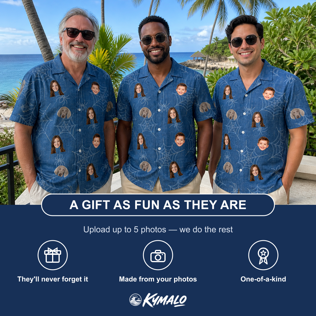 Friends in matching Men's Silk Screams Custom Face Hawaiian Shirt — a group gift photo