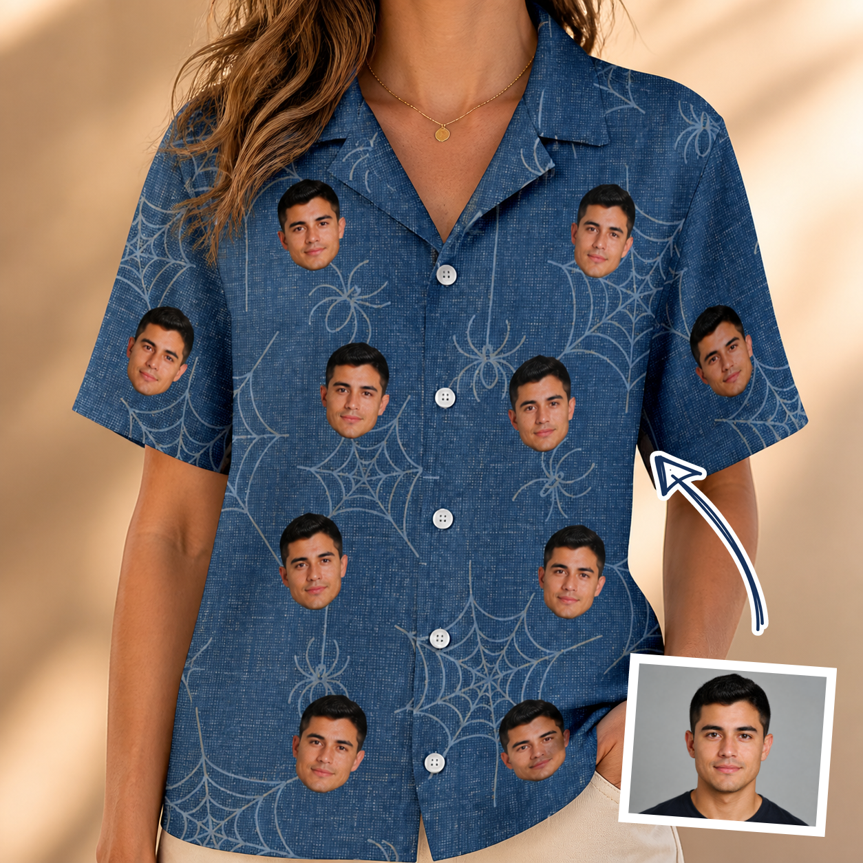Woman wearing Women's Silk Screams Custom Face Hawaiian Shirt — custom faces printed all-over