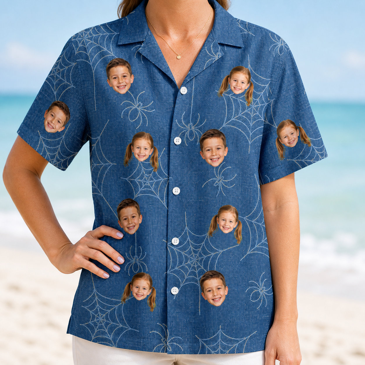 Model wearing Women's Silk Screams Custom Face Hawaiian Shirt printed with kids' faces
