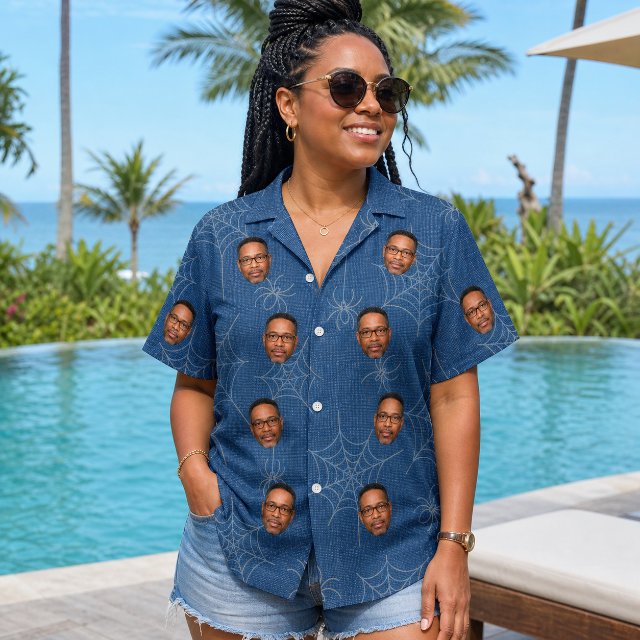 Real-life photo of someone wearing Women's Silk Screams Custom Face Hawaiian Shirt — custom faces printed all-over