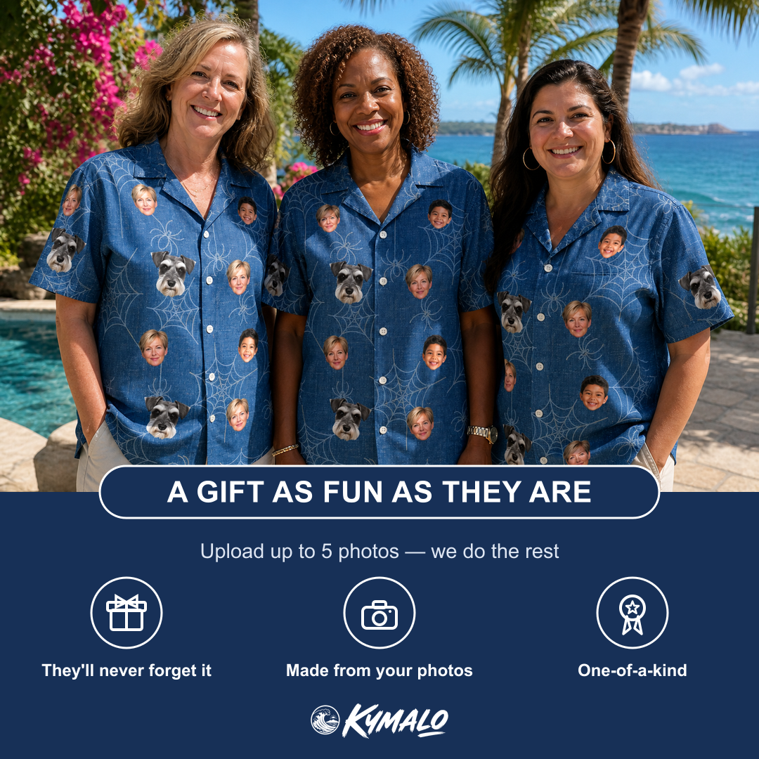 Friends in matching Women's Silk Screams Custom Face Hawaiian Shirt — a group gift photo