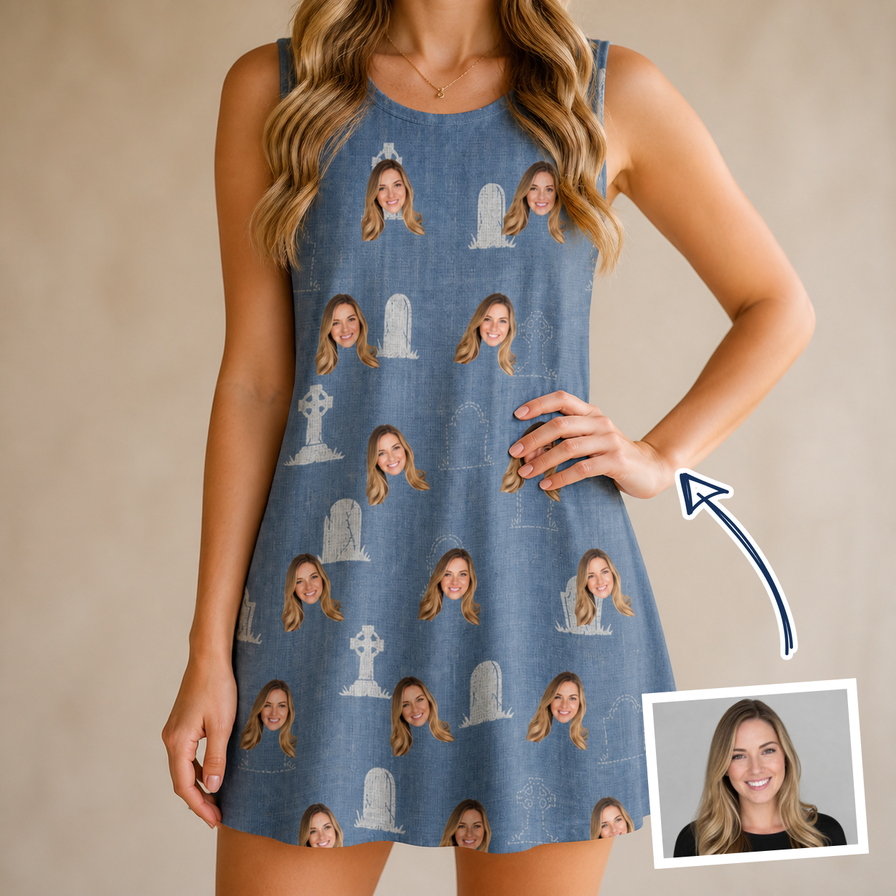 Woman wearing Women's Epitaph Escapades Custom Face Tank Dress — custom faces printed all-over