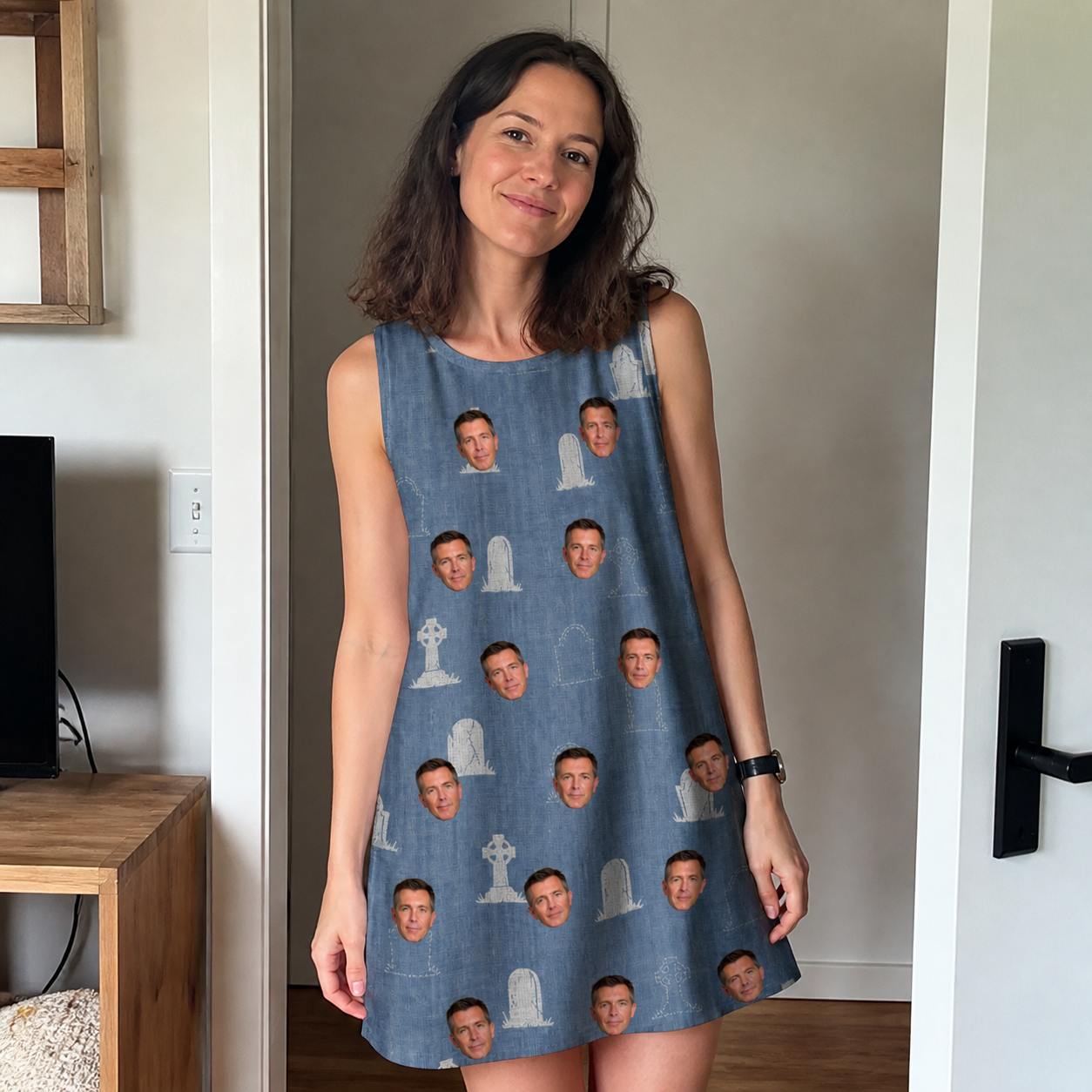 Real-life photo of someone wearing Women's Epitaph Escapades Custom Face Tank Dress — custom faces printed all-over