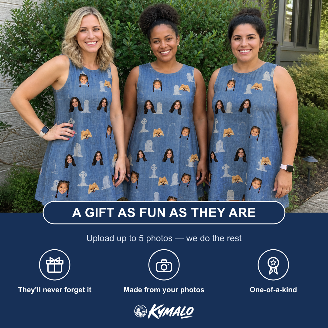 Friends in matching Women's Epitaph Escapades Custom Face Tank Dress — a group gift photo