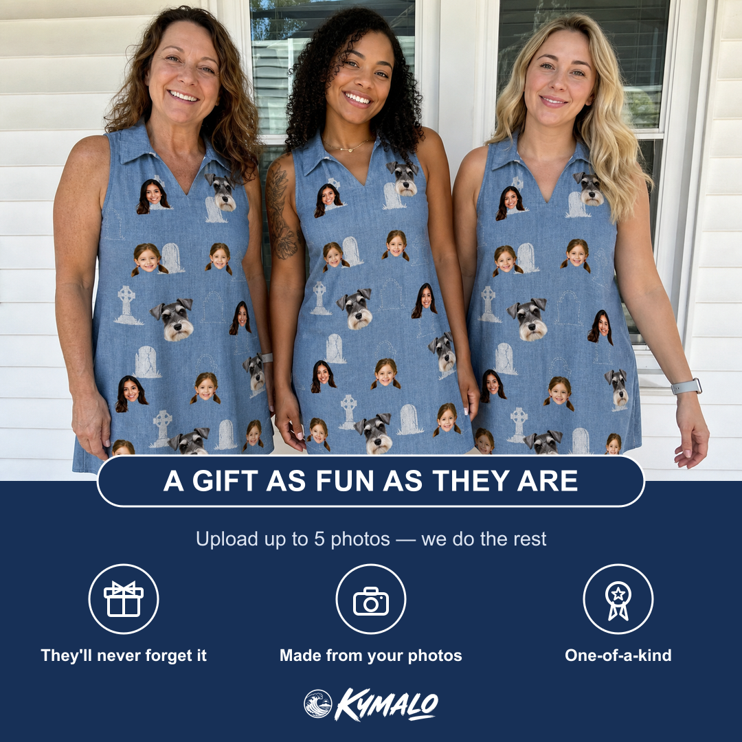 Friends in matching Women's Epitaph Escapades Custom Face V-Neck Dress — a group gift photo