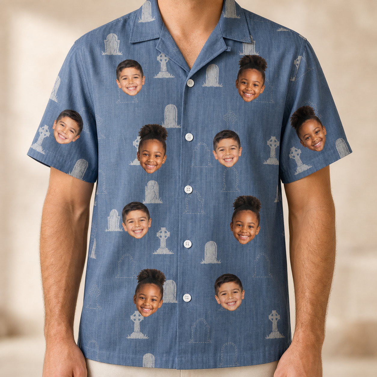 Model wearing Men's Epitaph Escapades Custom Face Hawaiian Shirt printed with kids' faces