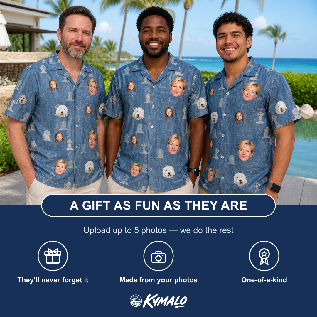 Friends in matching Men's Epitaph Escapades Custom Face Hawaiian Shirt — a group gift photo