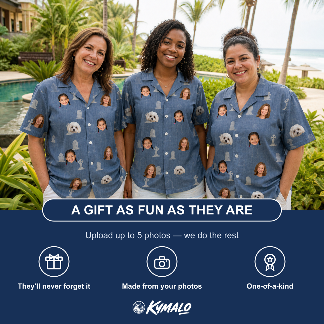 Friends in matching Women's Epitaph Escapades Custom Face Hawaiian Shirt — a group gift photo