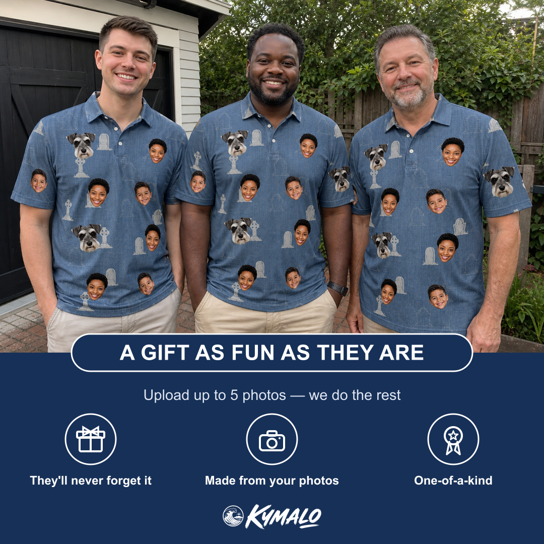Friends in matching Men's Epitaph Escapades Custom Face Polo Shirt — a group gift photo