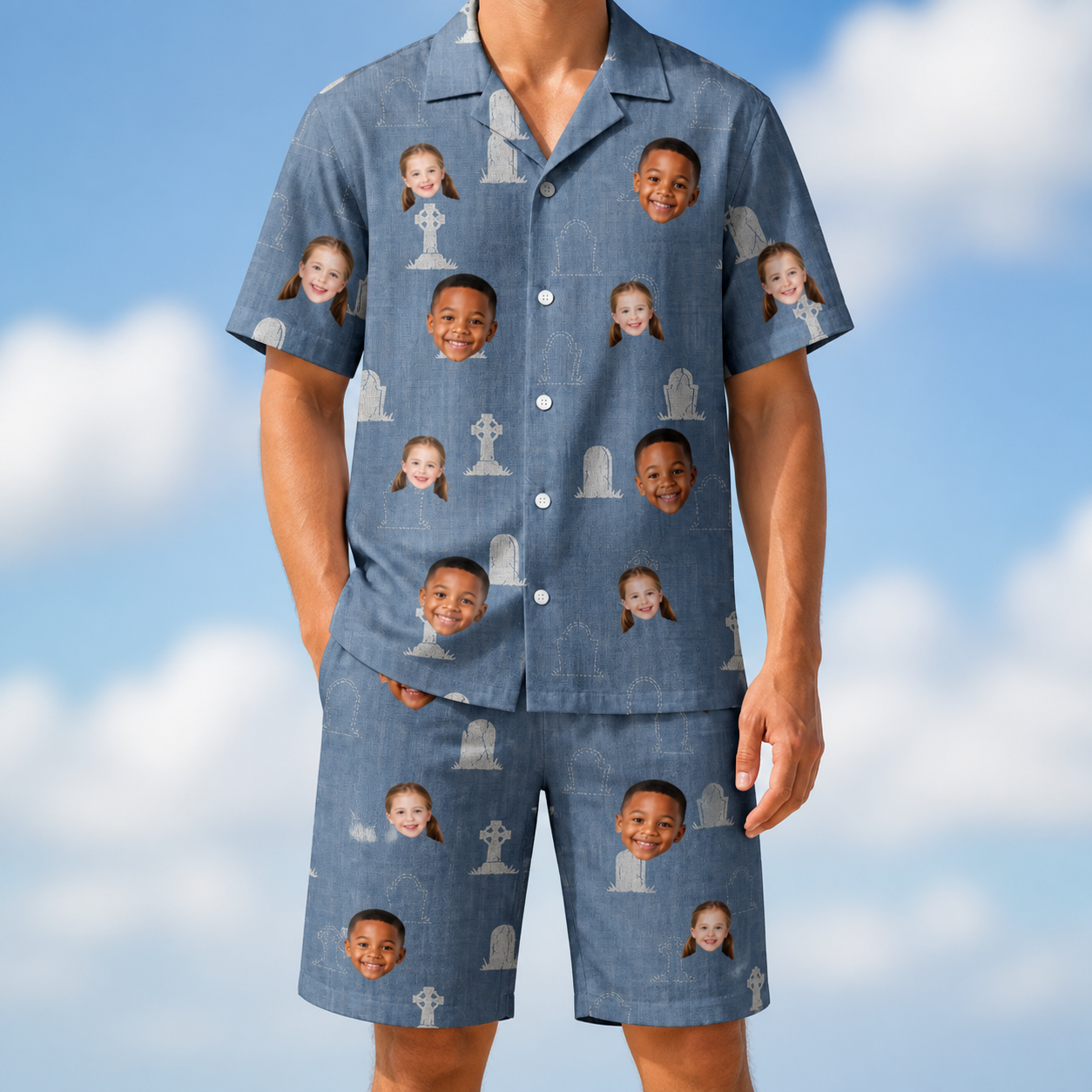 Model wearing Men's Epitaph Escapades Custom Face Shirt & Shorts Set printed with kids' faces