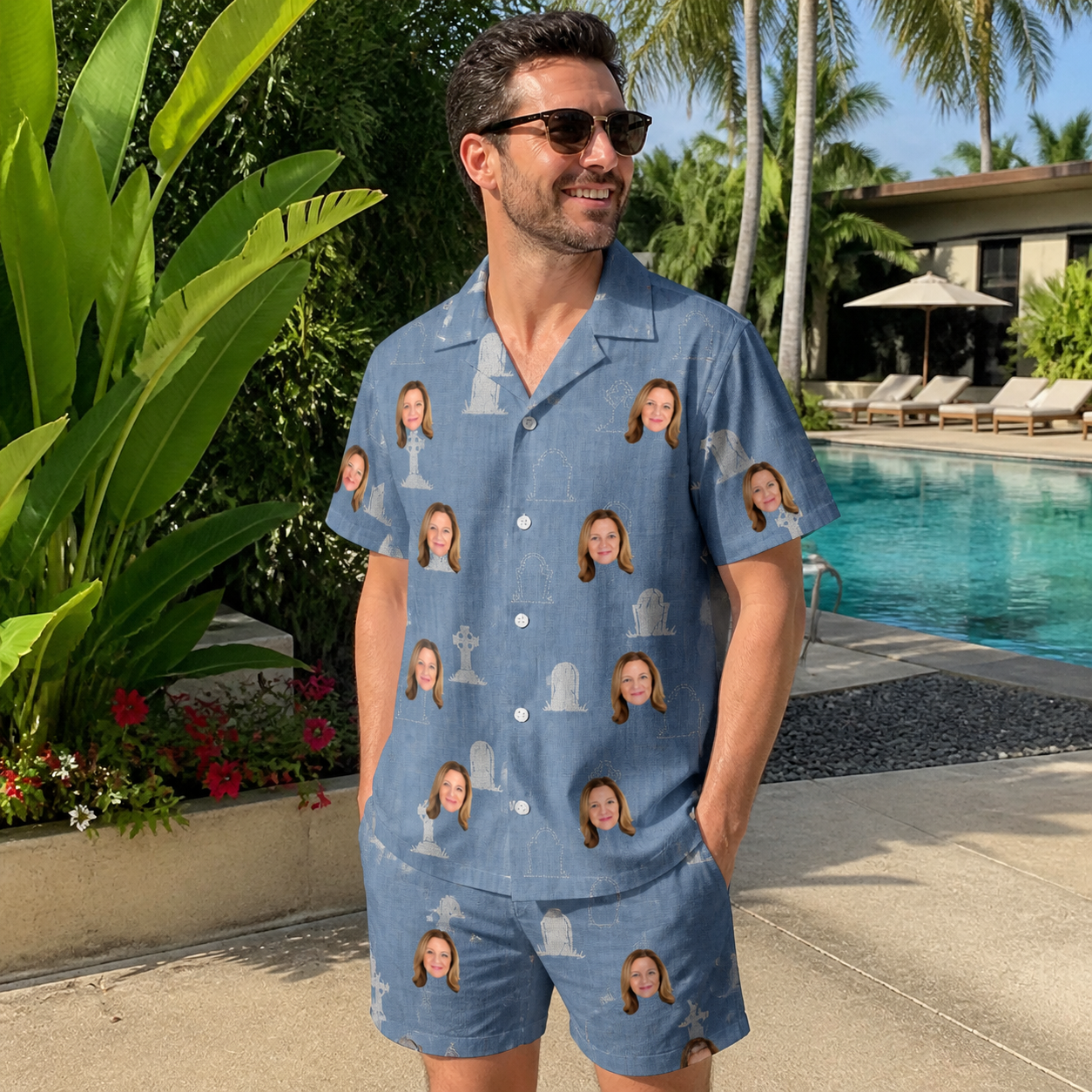 Real-life photo of someone wearing Men's Epitaph Escapades Custom Face Shirt & Shorts Set — custom faces printed all-over