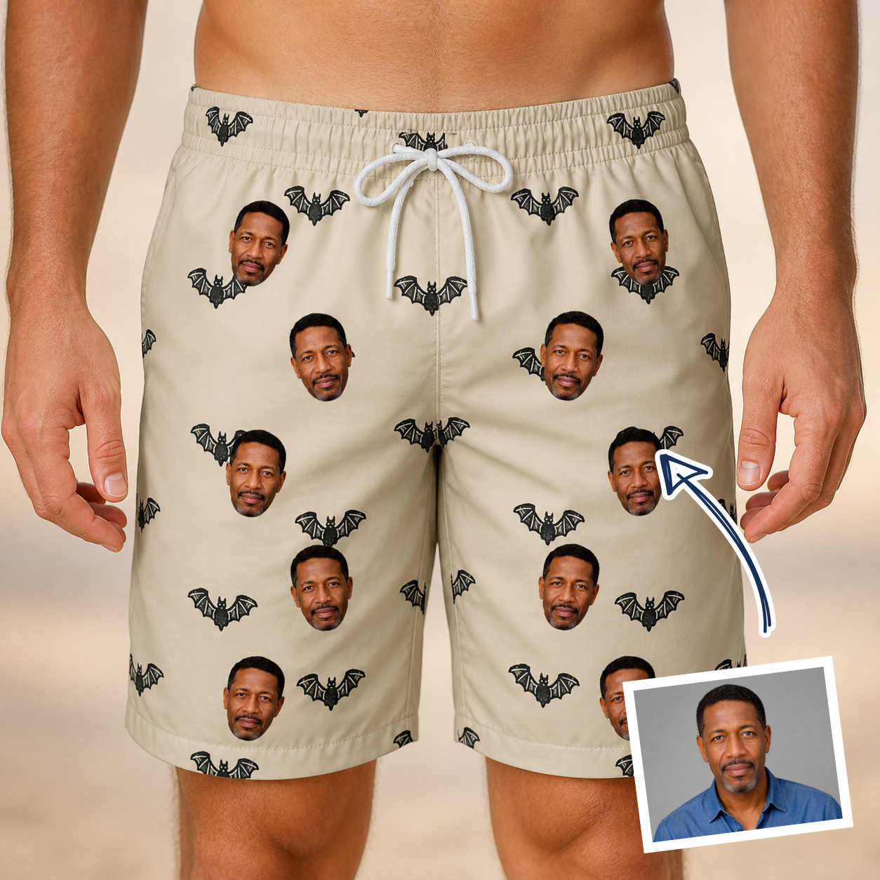 Man wearing Men's Winged Whispers Custom Face Beach Shorts — custom faces printed all-over