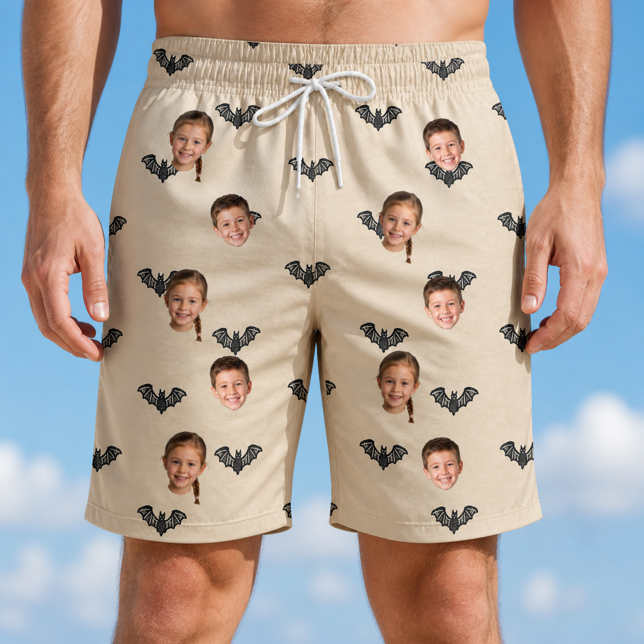 Model wearing Men's Winged Whispers Custom Face Beach Shorts printed with kids' faces