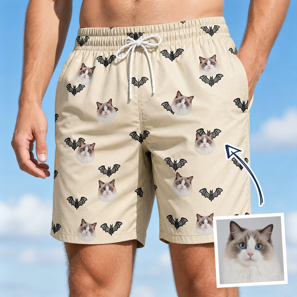 Man wearing Men's Winged Whispers Custom Cat Face Beach Shorts — custom faces printed all-over