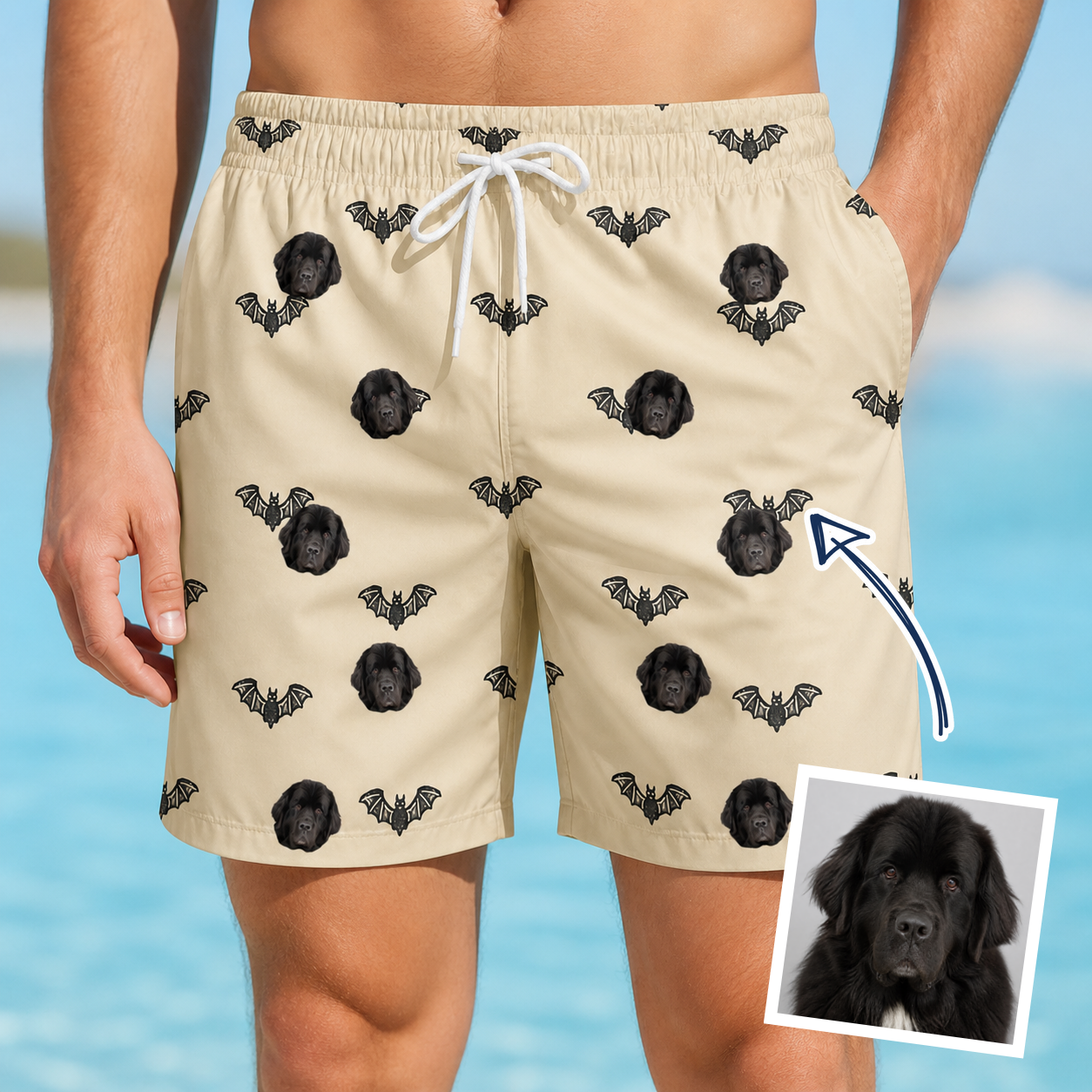 Man wearing Men's Winged Whispers Custom Dog Face Beach Shorts — custom faces printed all-over