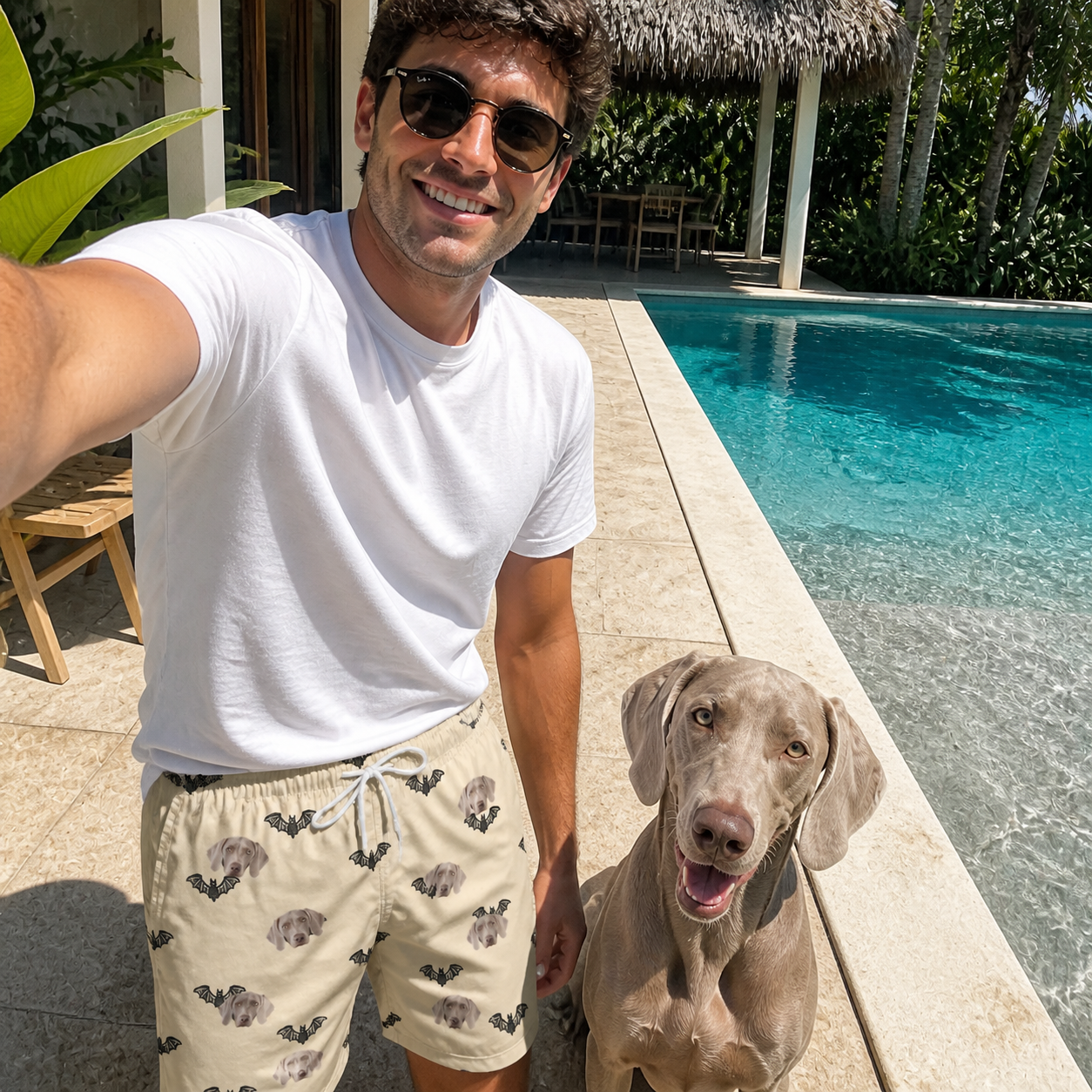 Selfie with the pet whose face is printed all over this Men's Winged Whispers Custom Dog Face Beach Shorts