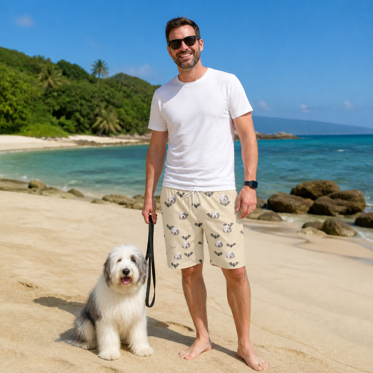 Full-length photo with the pet printed all over this Men's Winged Whispers Custom Dog Face Beach Shorts