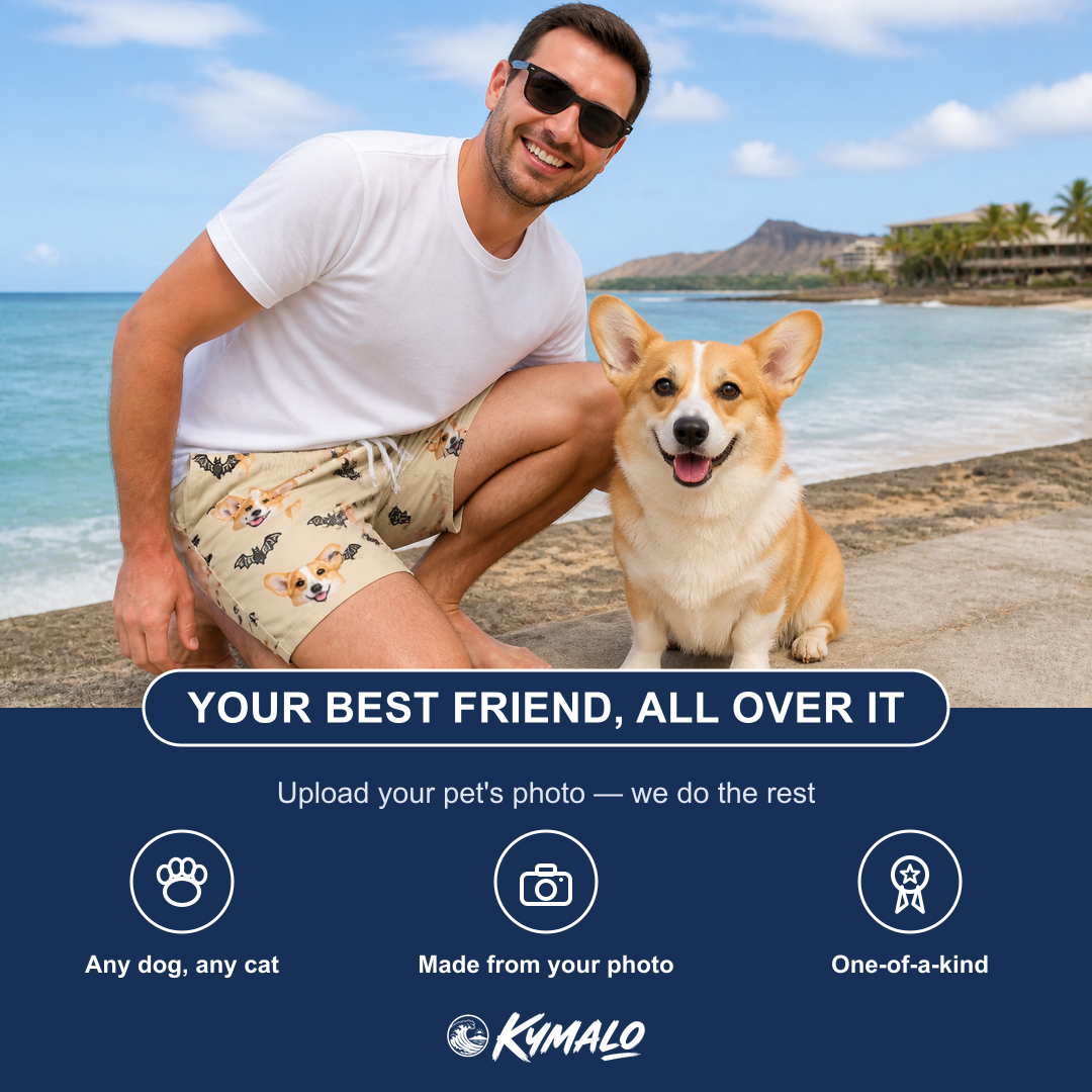 Friends in matching Men's Winged Whispers Custom Dog Face Beach Shorts — a group gift photo