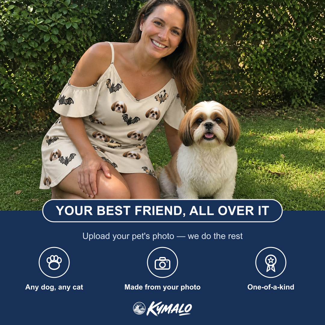 Friends in matching Women's Winged Whispers Custom Dog Face Off-Shoulder Dress — a group gift photo