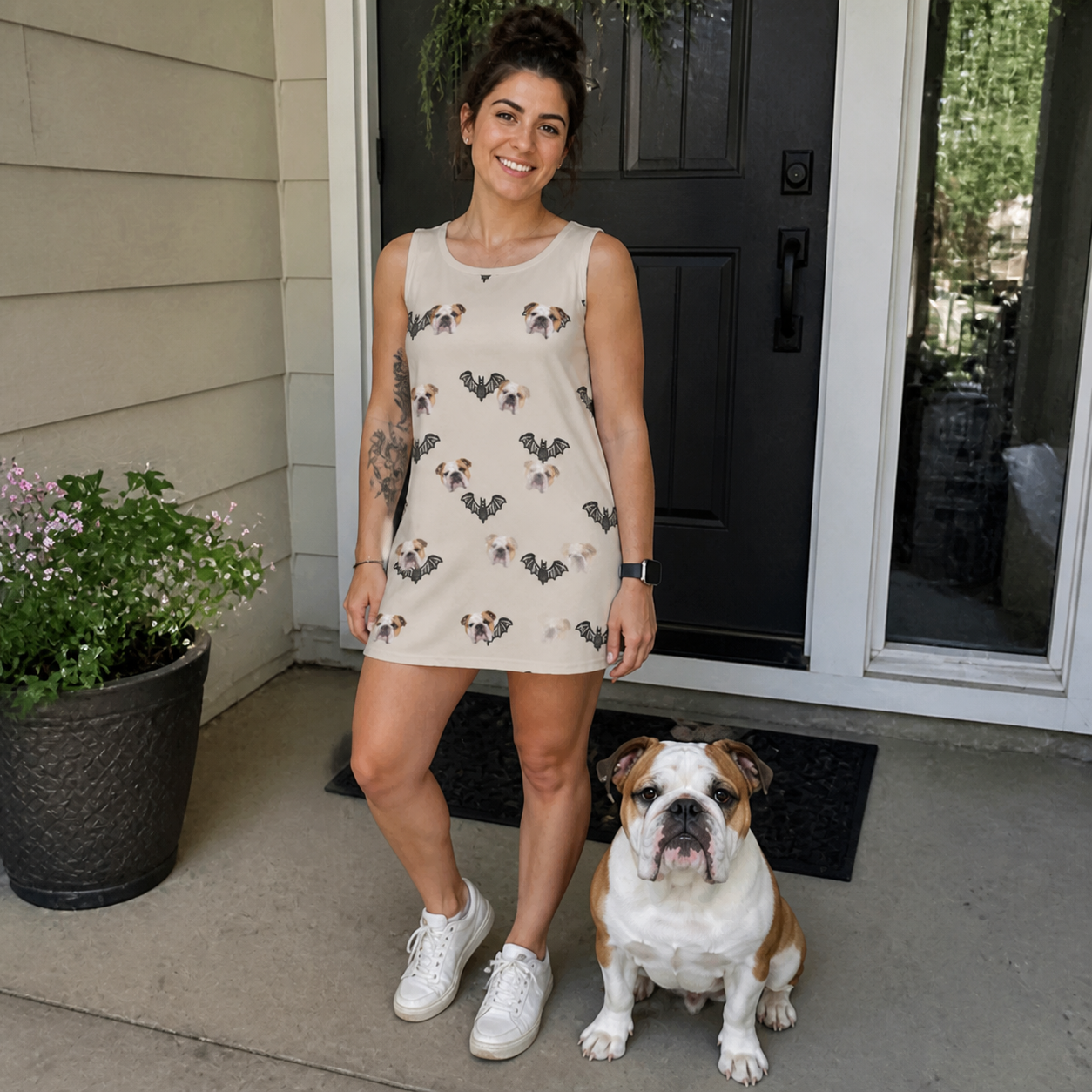 Full-length photo with the pet printed all over this Women's Winged Whispers Custom Dog Face Tank Dress