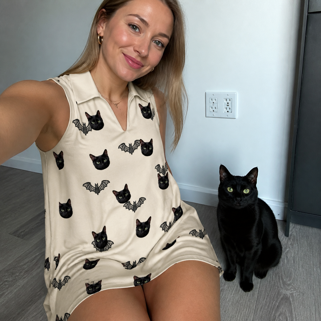 Selfie with the pet whose face is printed all over this Women's Winged Whispers Custom Cat Face V-Neck Dress