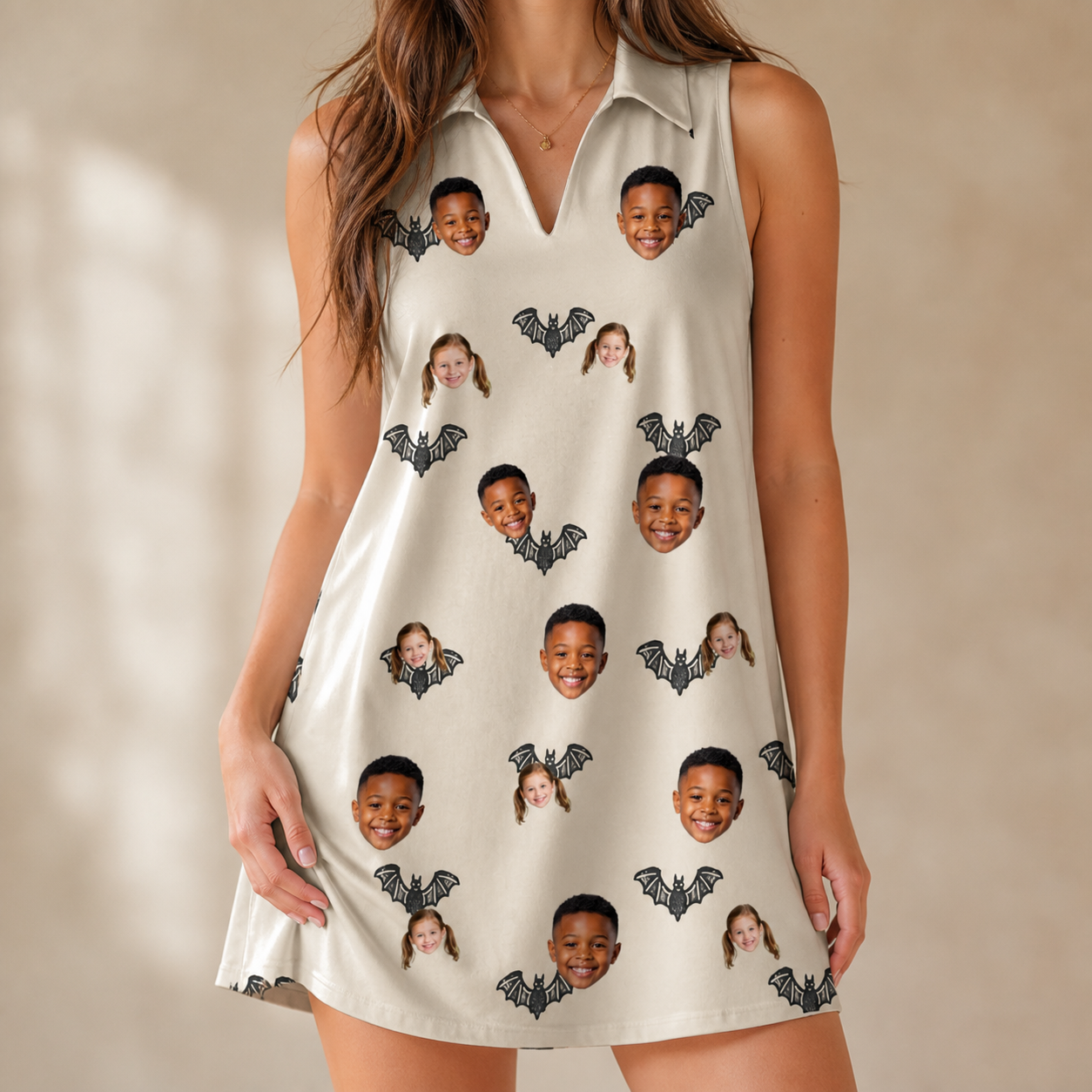 Model wearing Women's Winged Whispers Custom Face V-Neck Dress printed with kids' faces