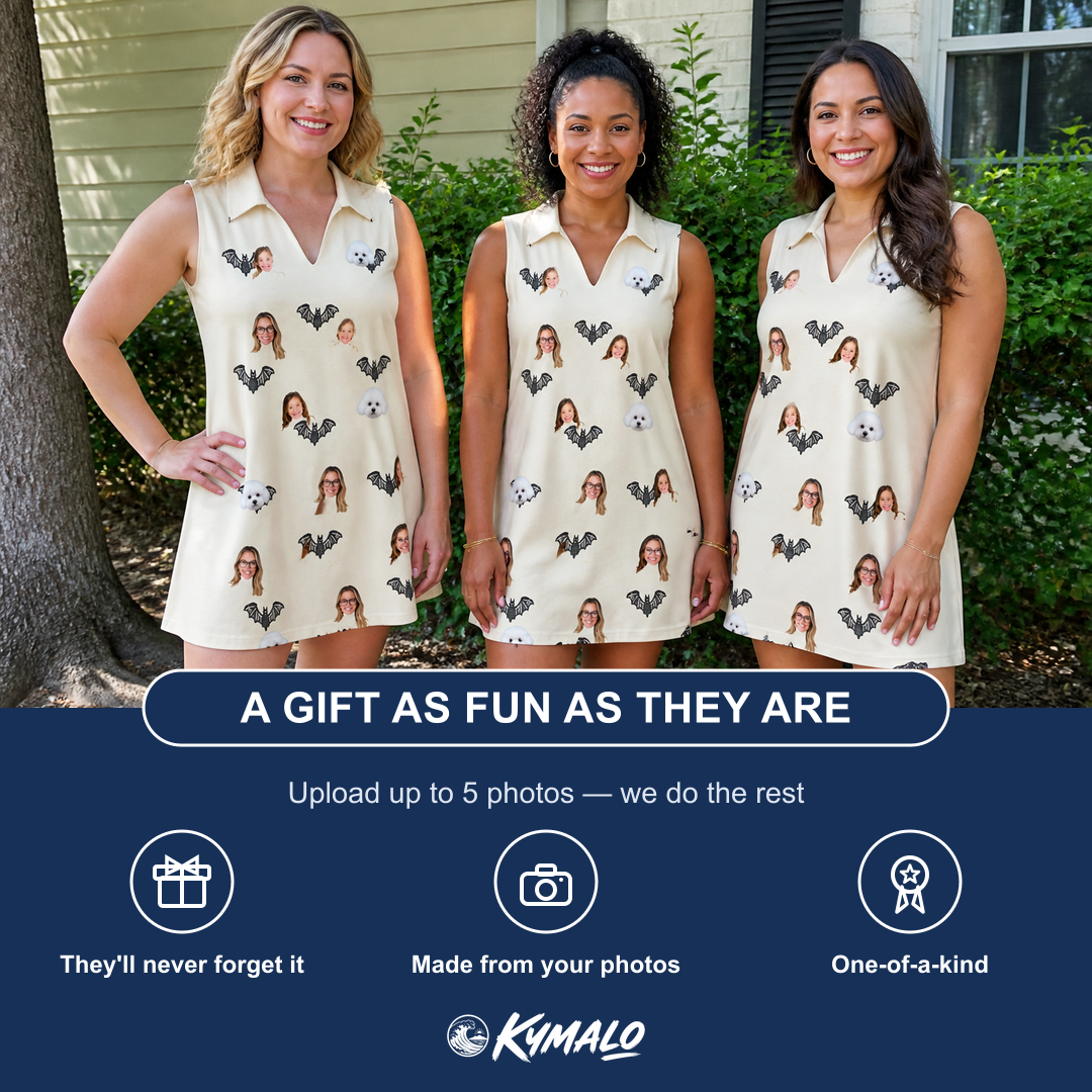 Friends in matching Women's Winged Whispers Custom Face V-Neck Dress — a group gift photo