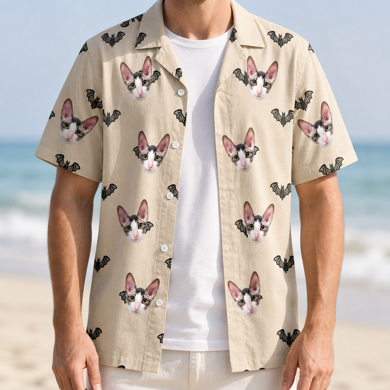 Man wearing Men's Winged Whispers Custom Cat Face Hawaiian Shirt open over a white tee