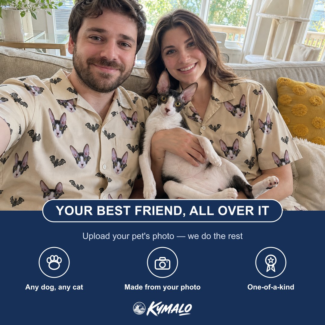 Friends in matching Men's Winged Whispers Custom Cat Face Hawaiian Shirt — a group gift photo