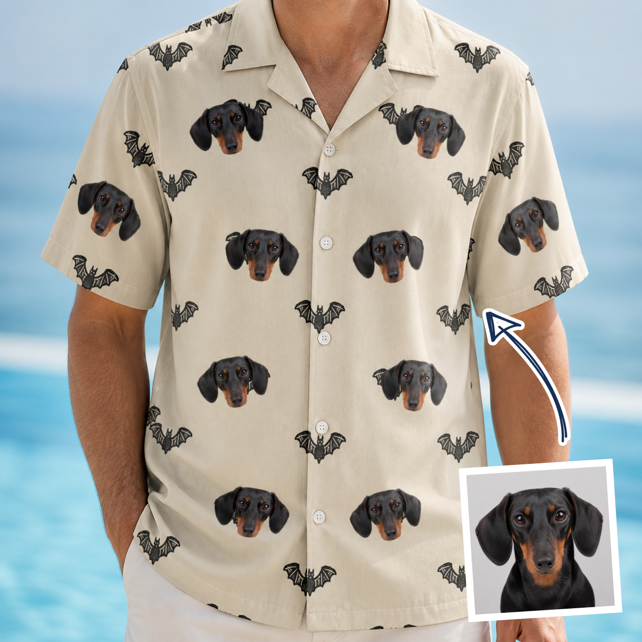 Man wearing Men's Winged Whispers Custom Dog Face Hawaiian Shirt — custom faces printed all-over
