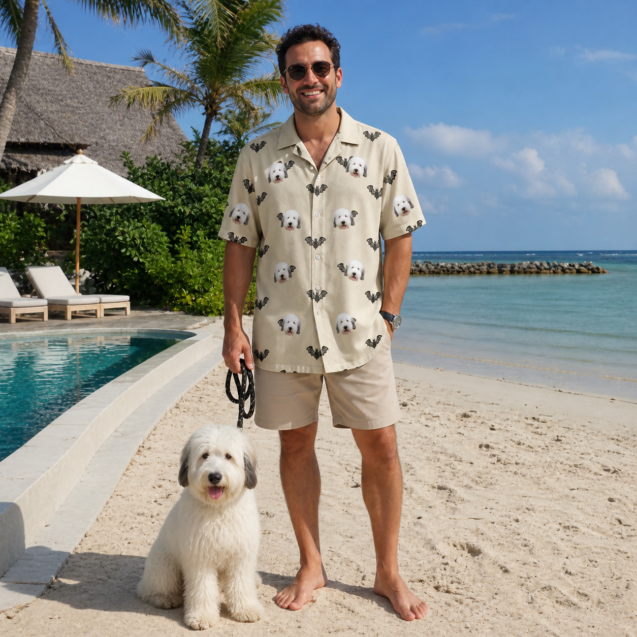 Full-length photo with the pet printed all over this Men's Winged Whispers Custom Dog Face Hawaiian Shirt