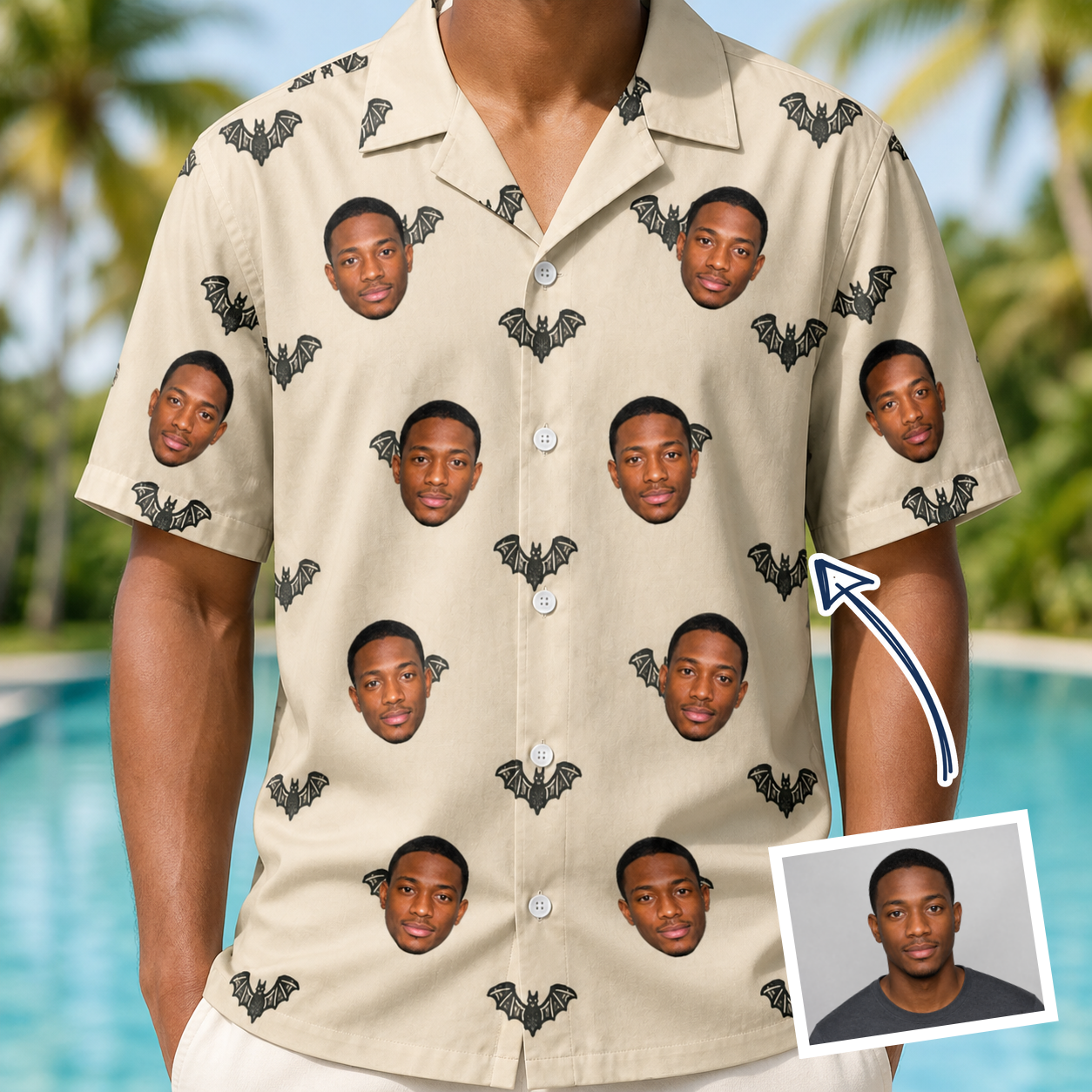 Man wearing Men's Winged Whispers Custom Face Hawaiian Shirt — custom faces printed all-over