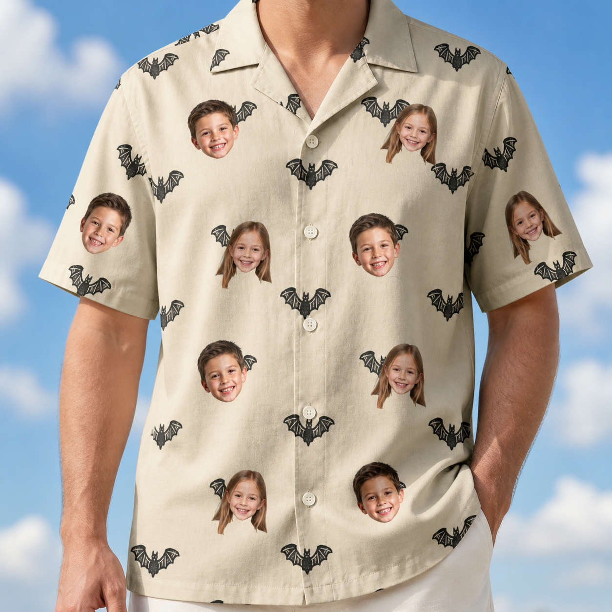 Model wearing Men's Winged Whispers Custom Face Hawaiian Shirt printed with kids' faces