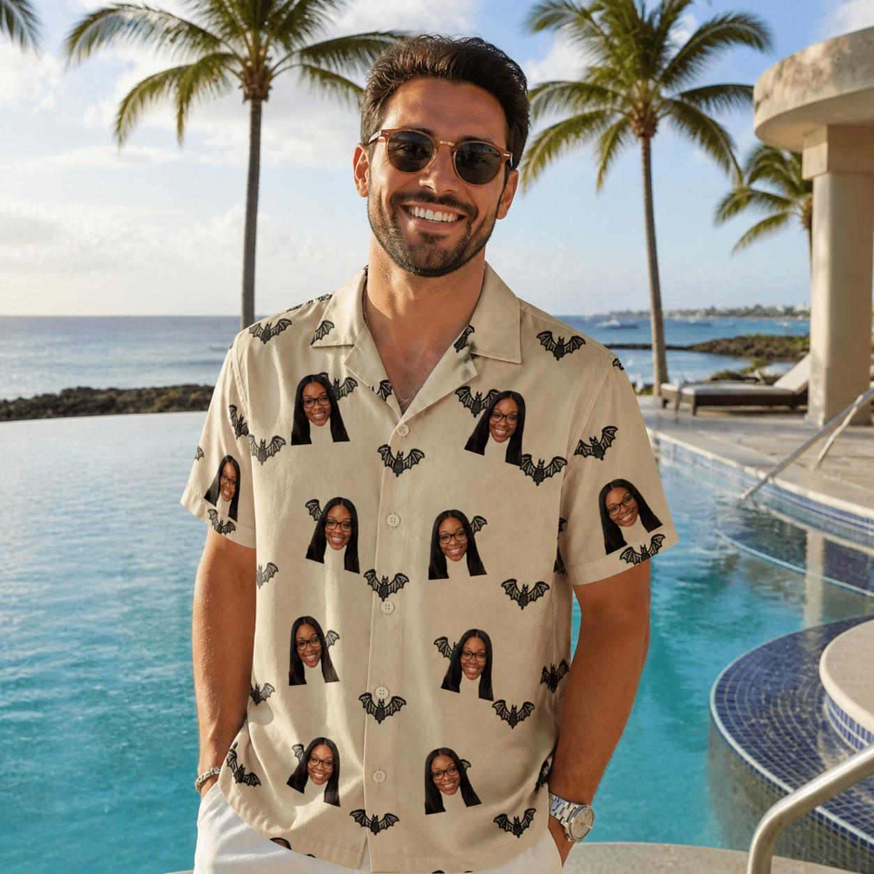Real-life photo of someone wearing Men's Winged Whispers Custom Face Hawaiian Shirt — custom faces printed all-over