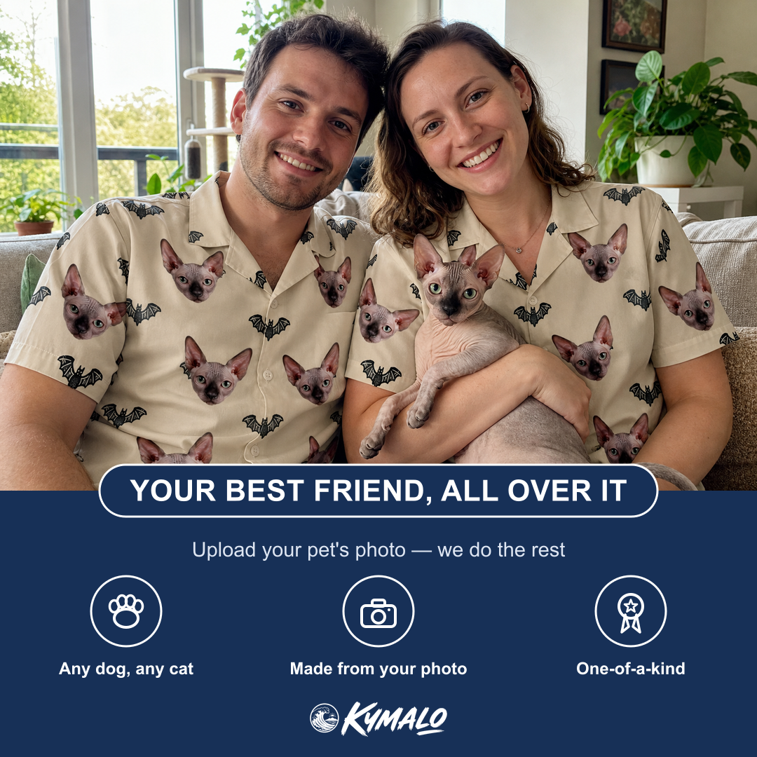 Friends in matching Women's Winged Whispers Custom Cat Face Hawaiian Shirt — a group gift photo