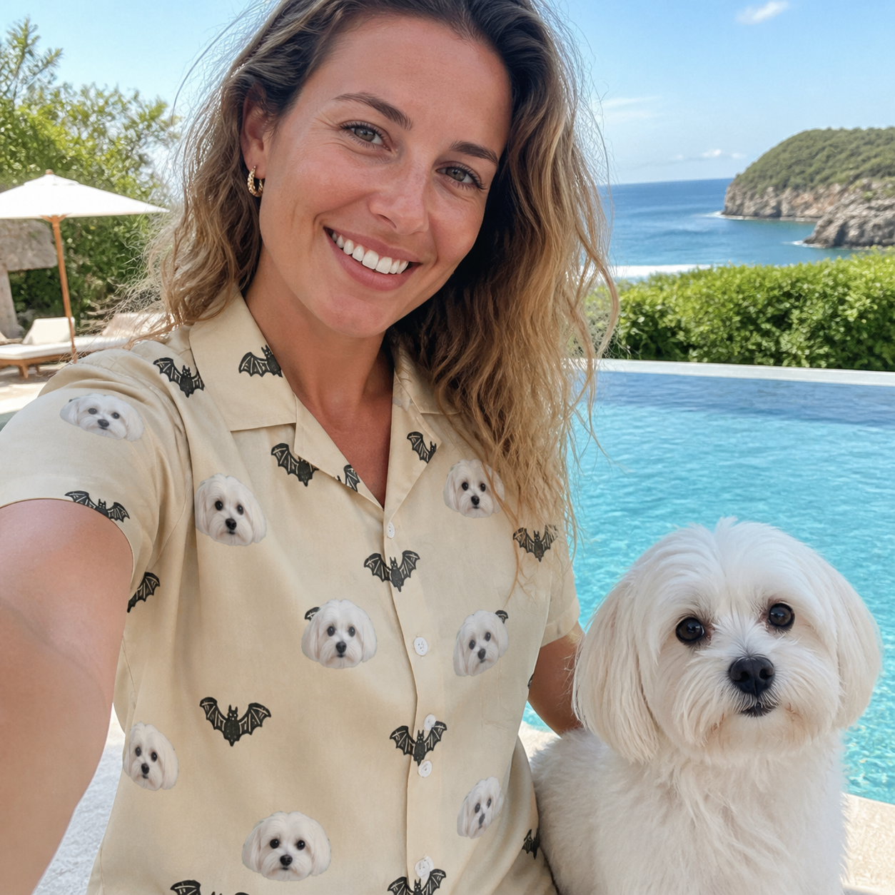 Selfie with the pet whose face is printed all over this Women's Winged Whispers Custom Dog Face Hawaiian Shirt