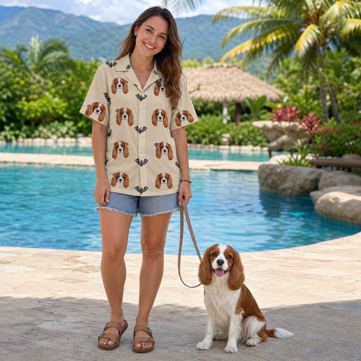 Full-length photo with the pet printed all over this Women's Winged Whispers Custom Dog Face Hawaiian Shirt