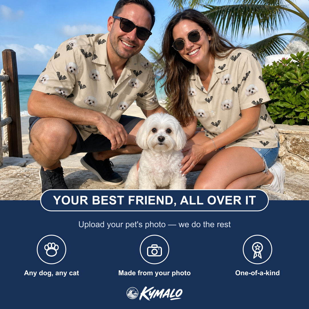 Friends in matching Women's Winged Whispers Custom Dog Face Hawaiian Shirt — a group gift photo