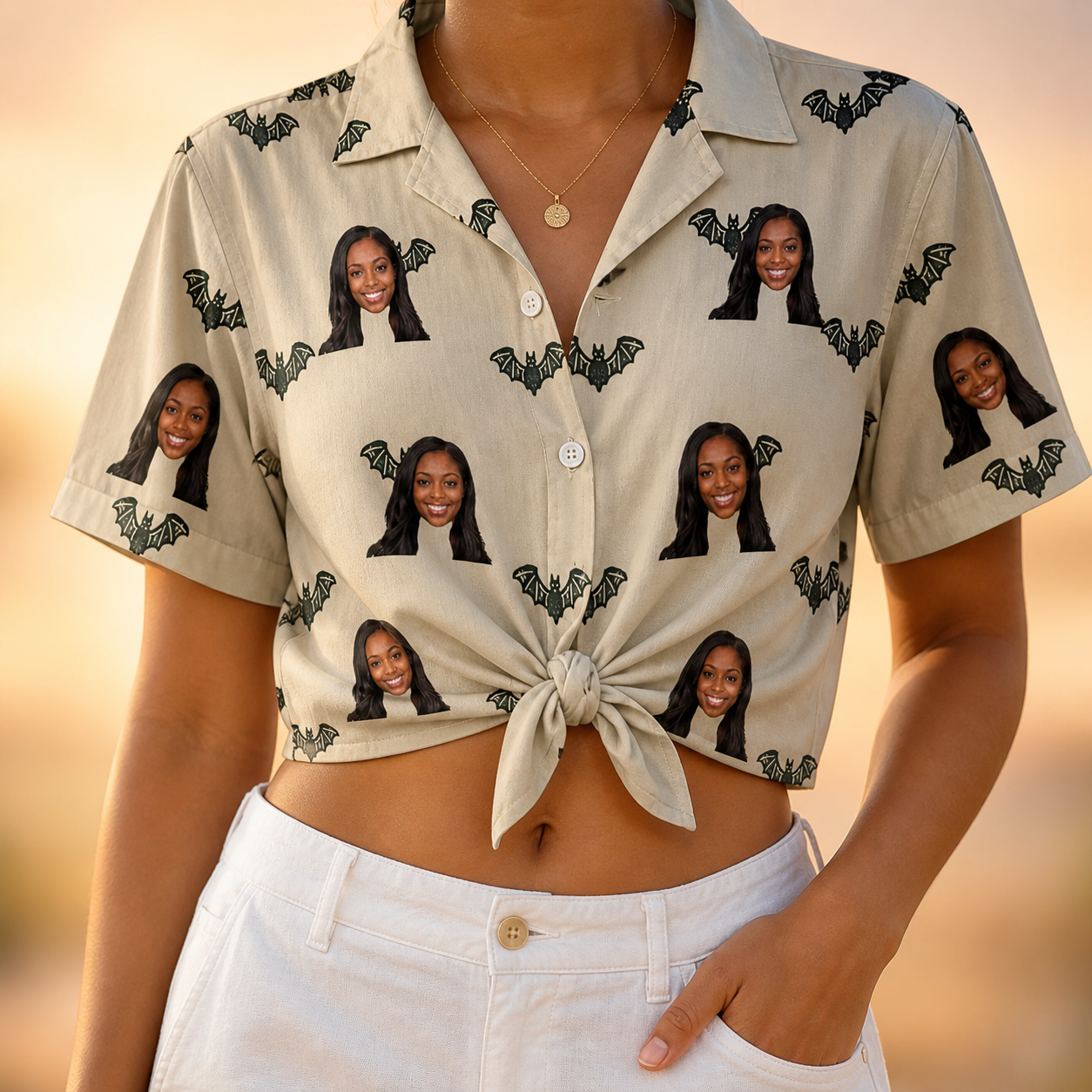 Woman wearing Women's Winged Whispers Custom Face Hawaiian Shirt tied at the waist
