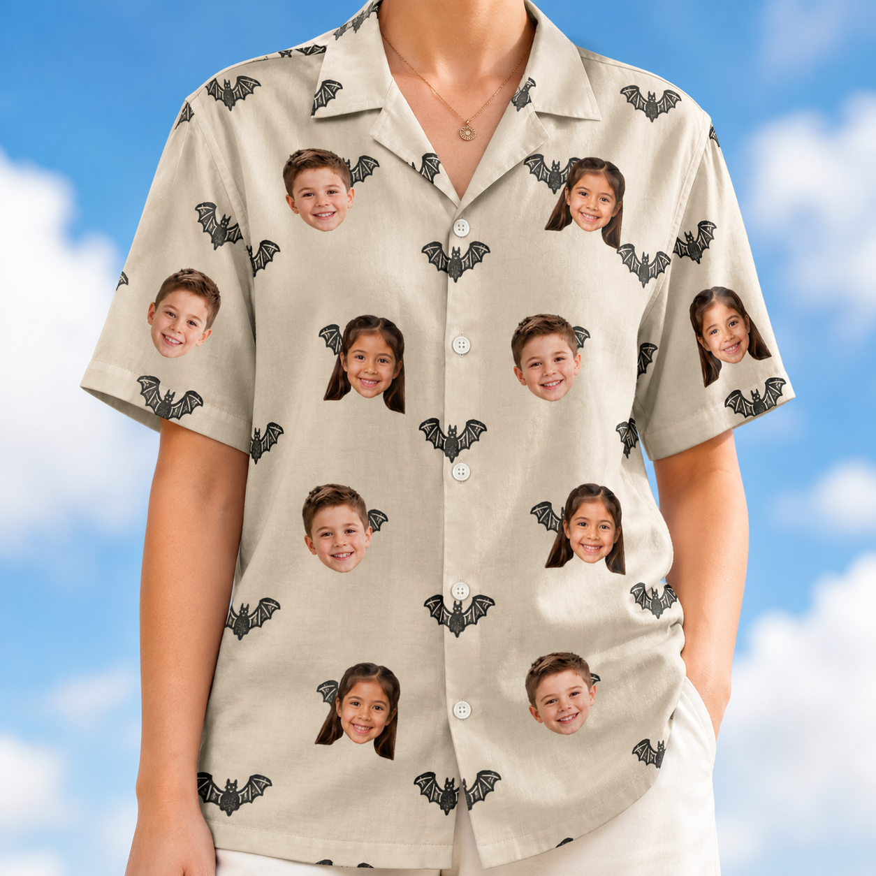 Model wearing Women's Winged Whispers Custom Face Hawaiian Shirt printed with kids' faces