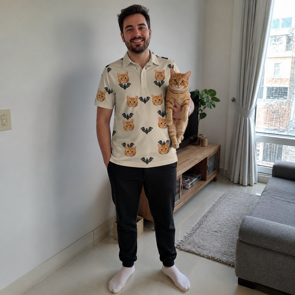 Full-length photo with the pet printed all over this Men's Winged Whispers Custom Cat Face Polo Shirt