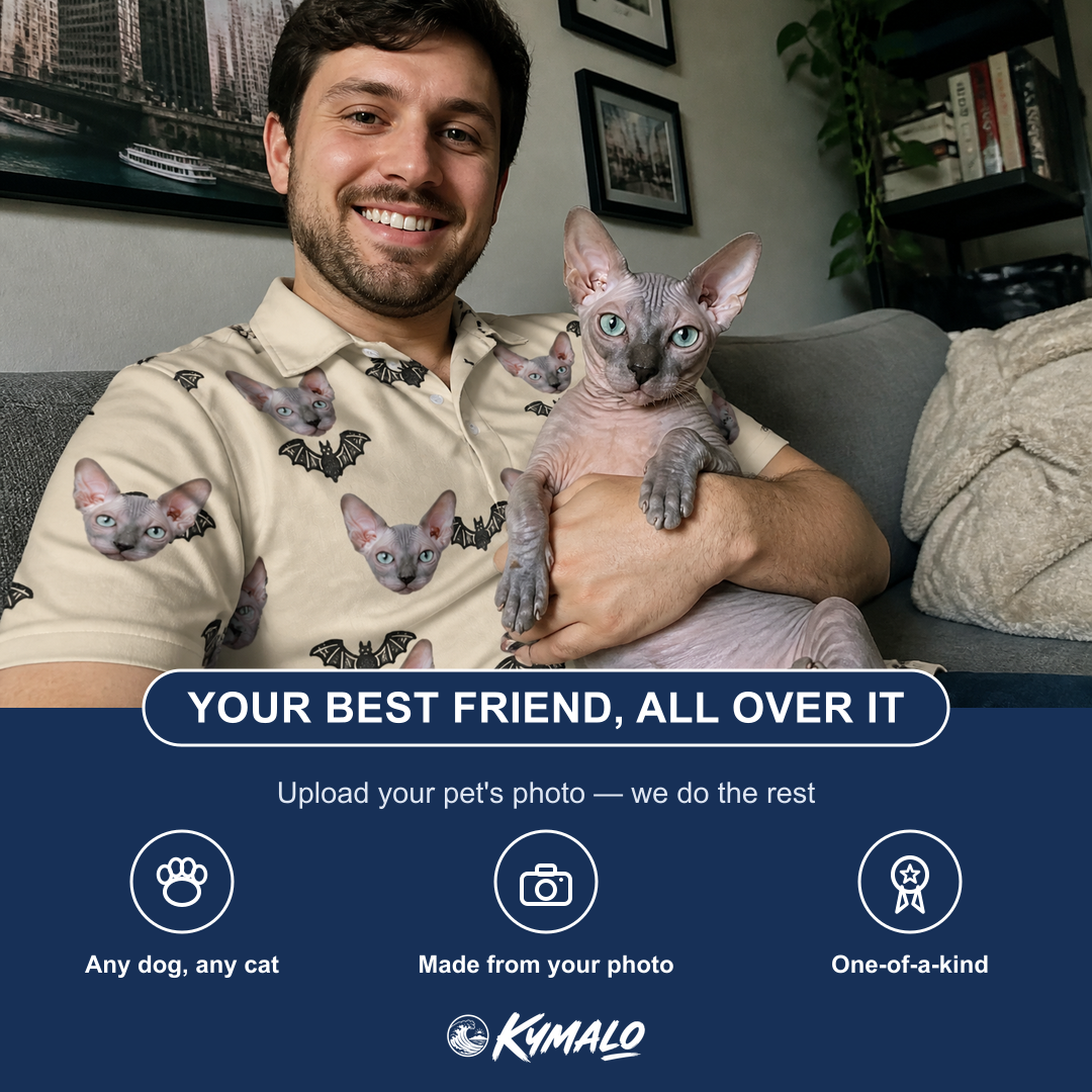 Friends in matching Men's Winged Whispers Custom Cat Face Polo Shirt — a group gift photo