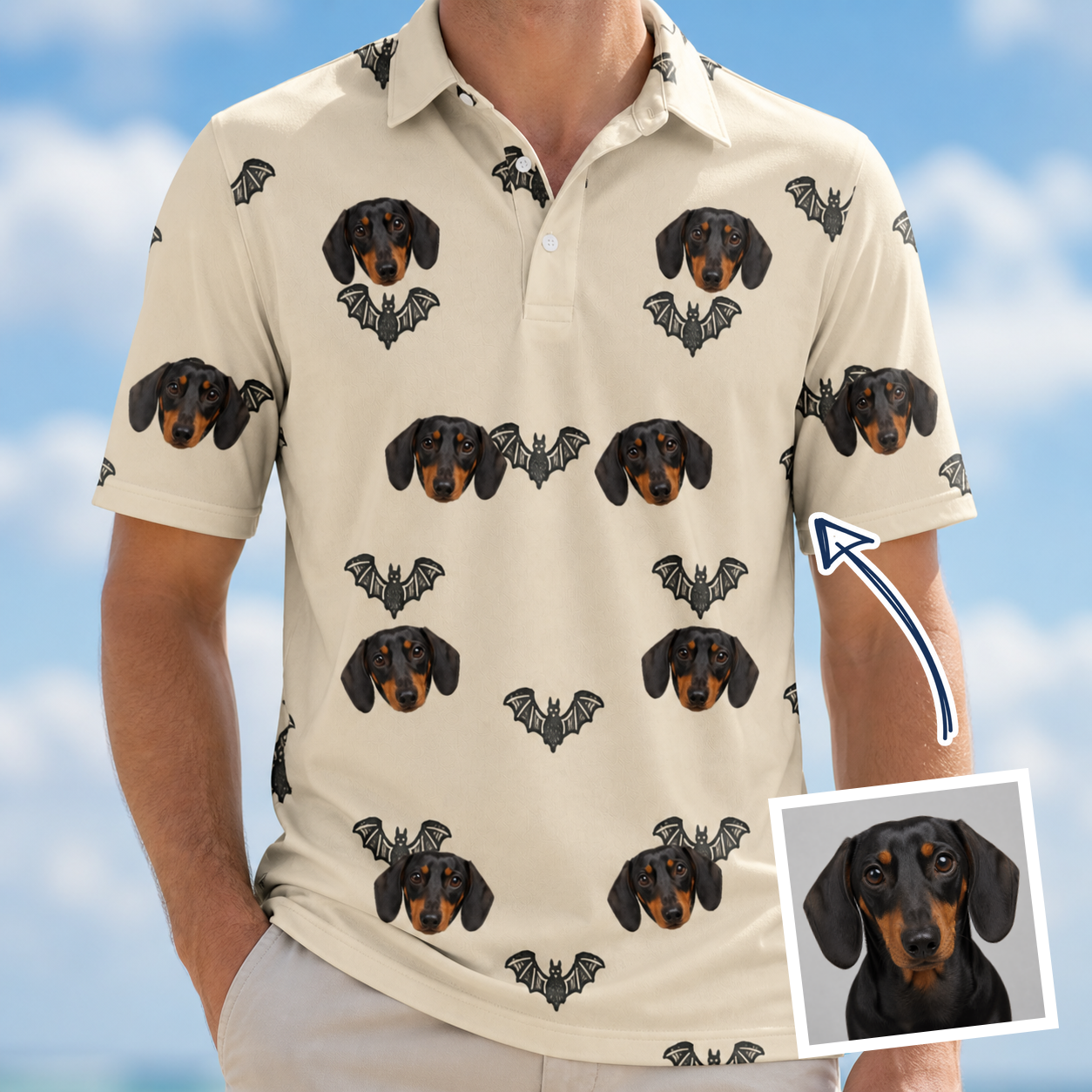 Man wearing Men's Winged Whispers Custom Dog Face Polo Shirt — custom faces printed all-over