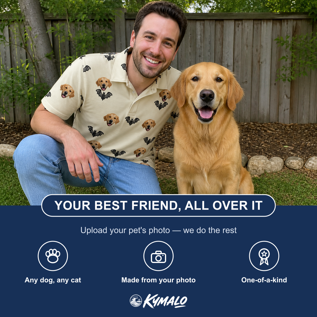 Friends in matching Men's Winged Whispers Custom Dog Face Polo Shirt — a group gift photo