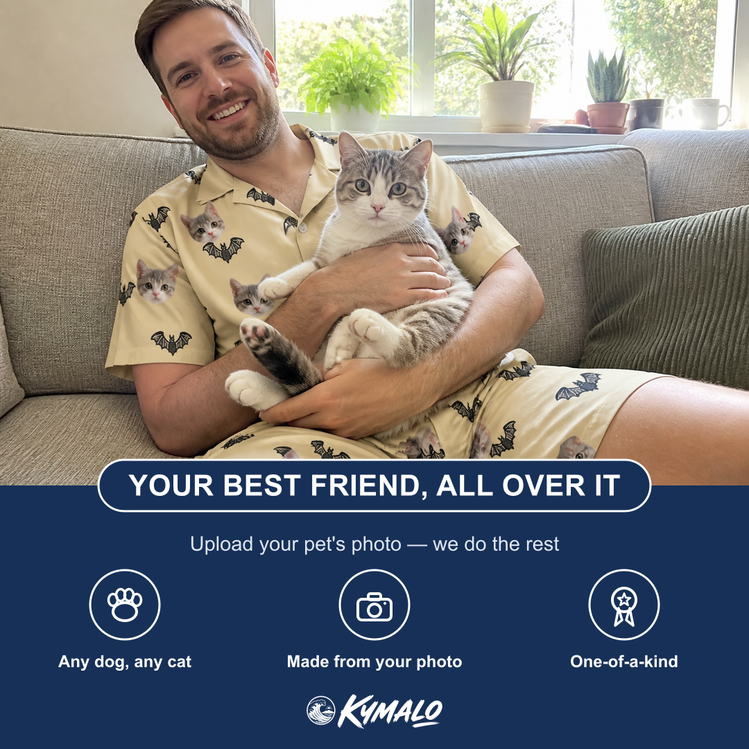 Friends in matching Men's Winged Whispers Custom Cat Face Shirt & Shorts Set — a group gift photo