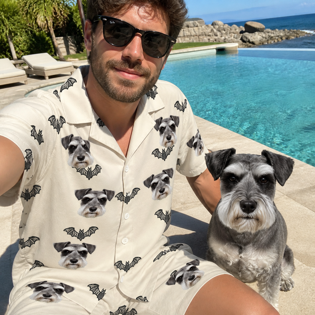 Selfie with the pet whose face is printed all over this Men's Winged Whispers Custom Dog Face Shirt & Shorts Set