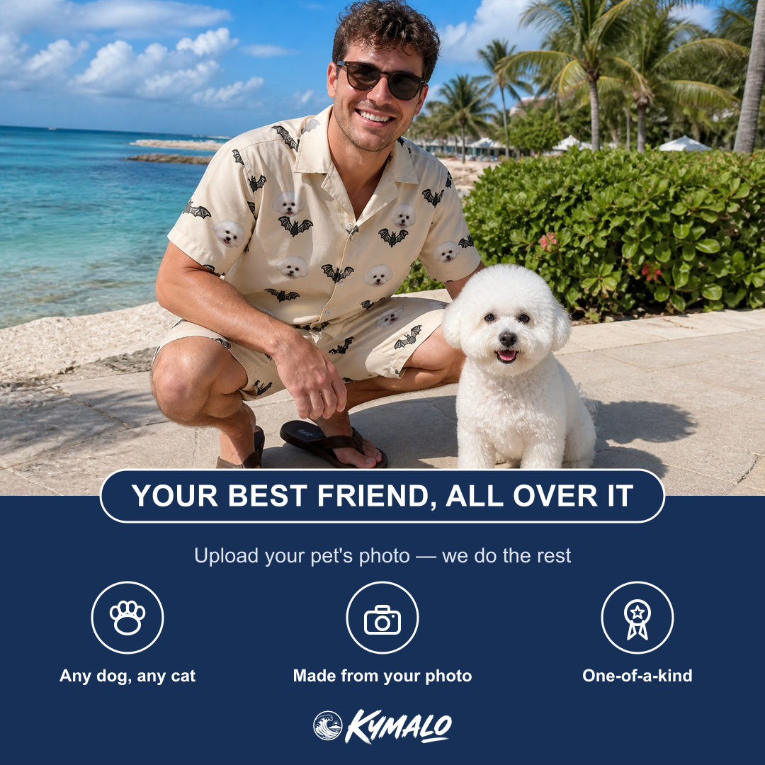 Friends in matching Men's Winged Whispers Custom Dog Face Shirt & Shorts Set — a group gift photo