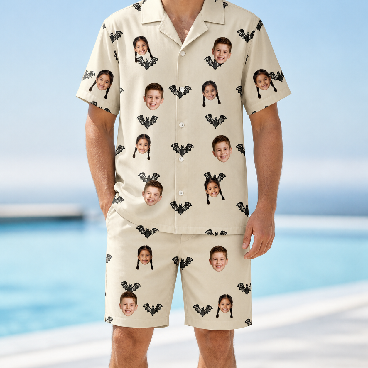 Model wearing Men's Winged Whispers Custom Face Shirt & Shorts Set printed with kids' faces